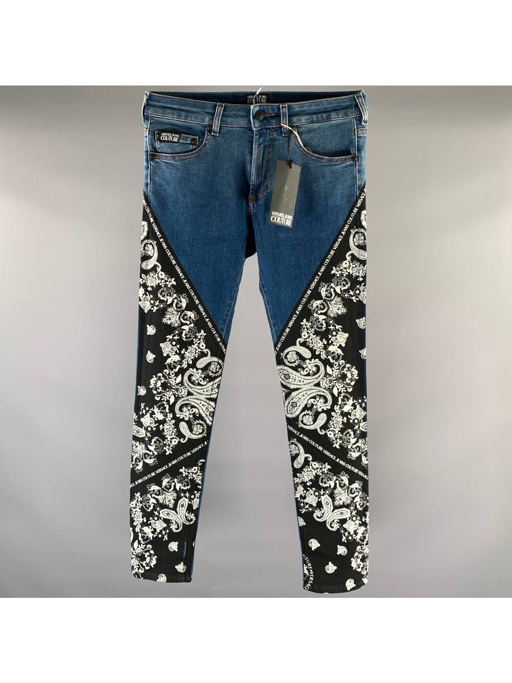 VERSACE Size 28 Medium Wash Bandana Cotton Blend Skinny Jeans